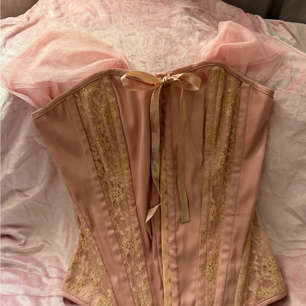 Charlotte Russe Blush Lace Corset Top – Puff Tulle Sleeves – Size M